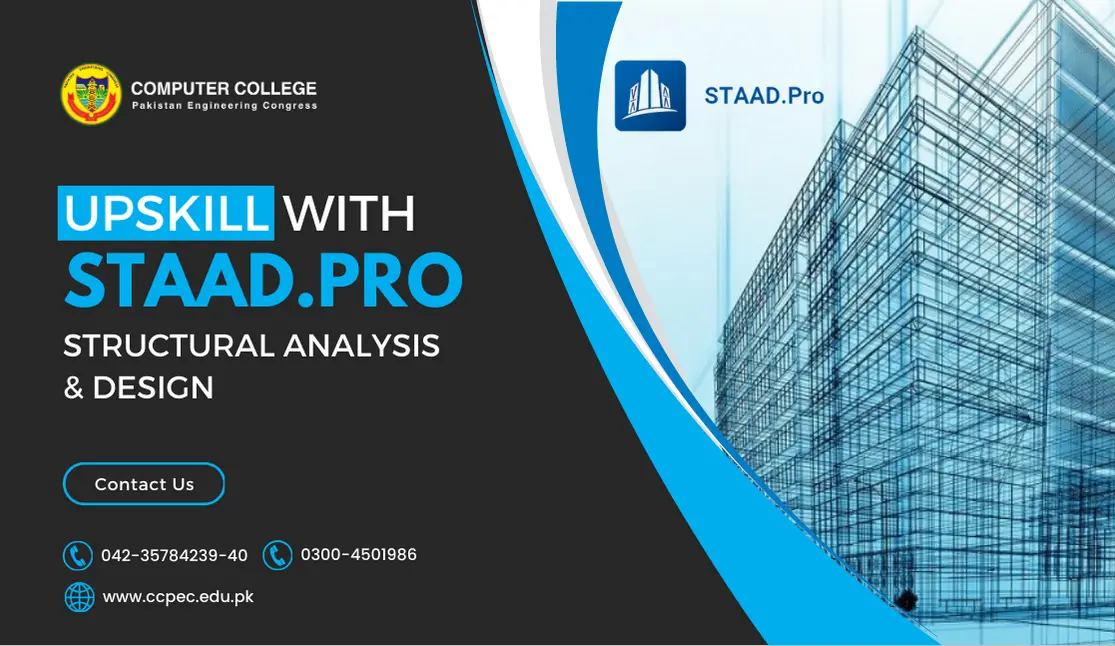 Advert for a STAAD.Pro Structural Analysis & Design course. Features a curved blue graphic element with an image of a building's structural framework. Contact information and website address for Computer College Pakistan Engineering Congress are listed below.