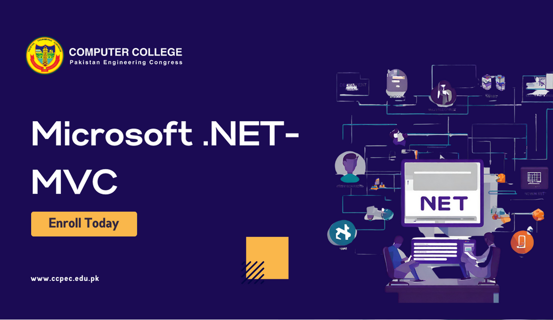 Advertisement for a Microsoft .NET-MVC course, with a dark purple background and stylized graphics of development icons and programmers working. The institute: Computer College Pakistan Engineering Congress logo is at the top, and there's a call to action, 'Enroll Today,' with the institute's website URL at the bottom.