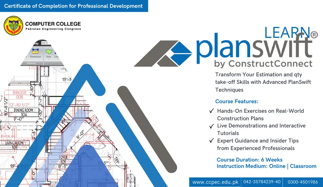 Promotional image for a PlanSwift software course by Computer College Pakistan Engineering Congress Lahore, displaying architectural plans and the PlanSwift logo with a list of course features like hands-on exercises and expert guidance.