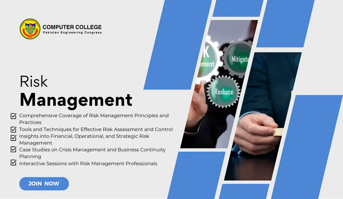 Ad for a Risk Management course, with a blue and white design featuring gears labeled 'Risk Management,' 'Mitigate,' and 'Reduce'. The course offers a comprehensive overview and tools for risk assessment and is being offered by Computer College Pakistan Engineering Congress, Lahore.